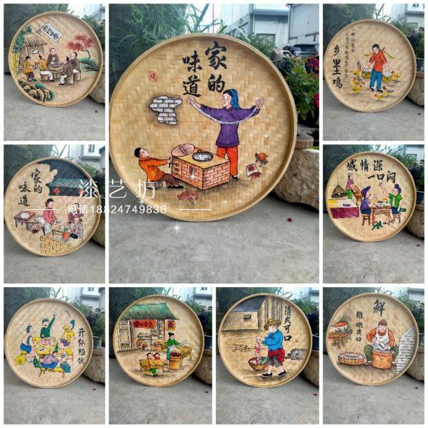 手绘竹编簸箕画 画装饰品饭厅挂饰米筛壁饰田园农村墙壁挂休闲 农