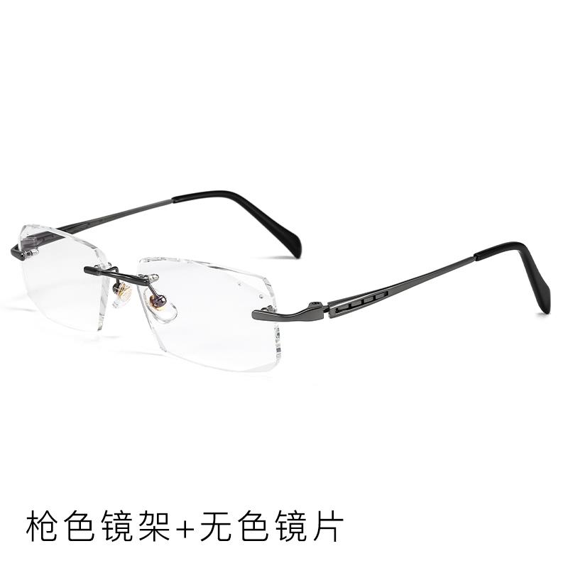 高档蓝钻石边无框近视眼镜男纯钛近镜商务平切光有度数防视光辐射