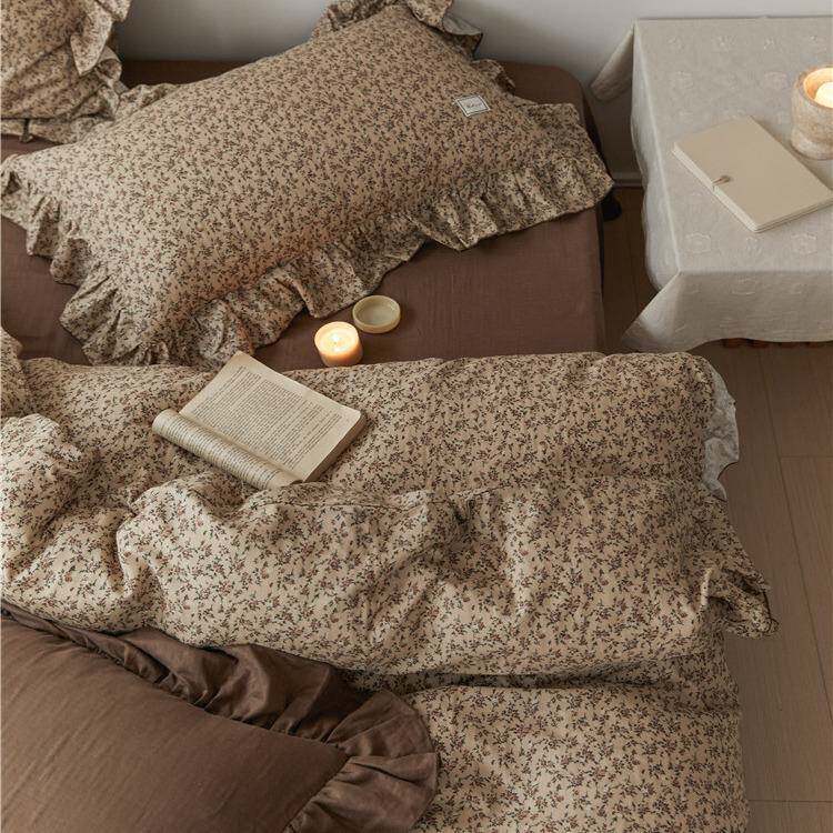 法式复古双层纱四件套纯棉小碎花床上用品荷叶边公主深色系4件套