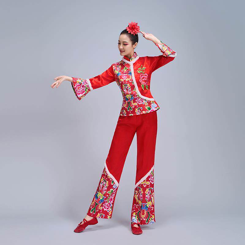 新款新款东北民族舞蹈花布大秧歌舞服装女中老年腰鼓套装秧歌服