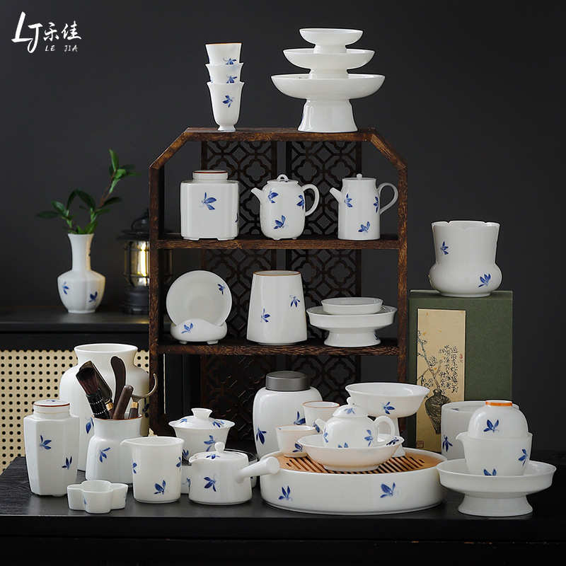 乐佳白瓷纯手绘蝴蝶兰花陶瓷茶壶盖碗茶杯家用茶盘公道杯茶漏壶承