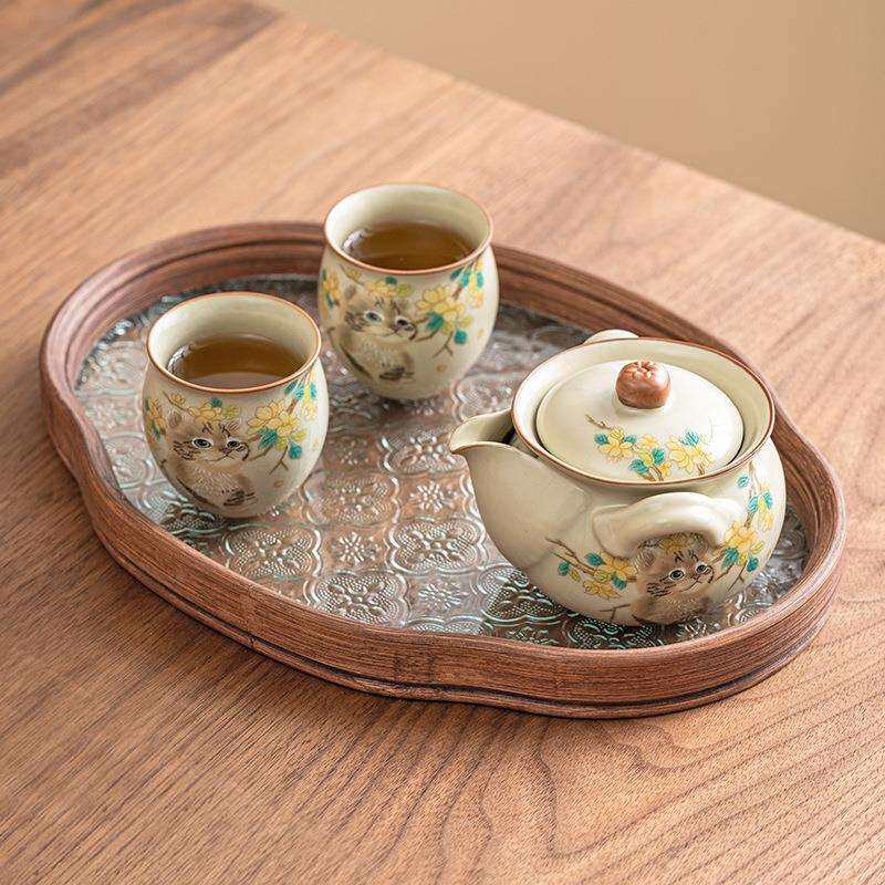 萌猫汝窑旅行茶具套装便携式户外露营陶瓷功夫泡茶手抓壶一壶二杯