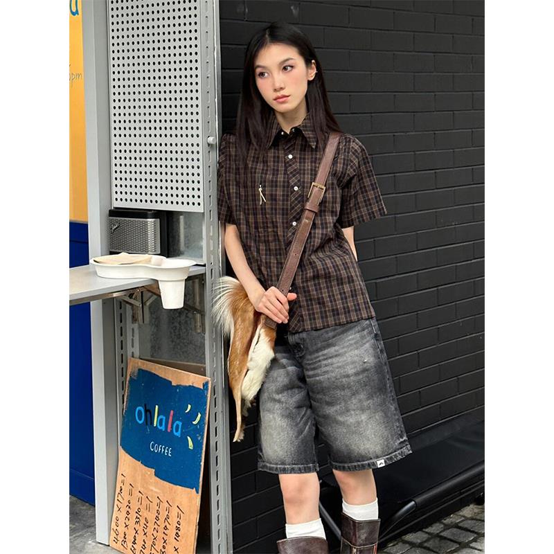 美式复古短袖衬衫女夏季扭曲门襟微格纹衬衣街头设计感小众外套潮