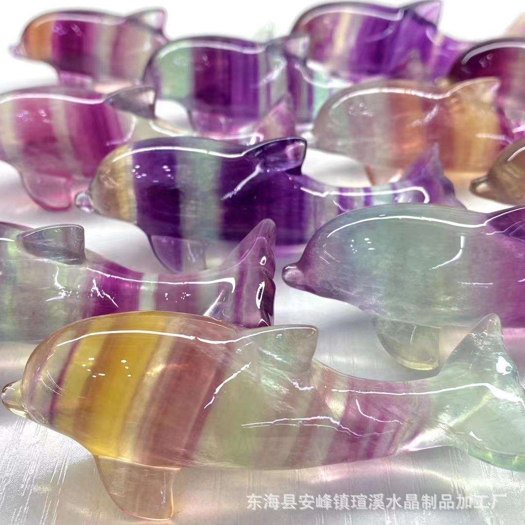 厂家天然七彩莹石海大小海豚手工雕刻摆件工艺品小海豚摆件