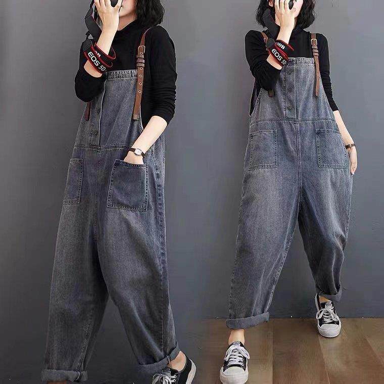 背带裤女宽松直筒2025年新款时尚春夏韩版大码显瘦减龄牛仔连体裤