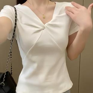 修身 爆款 新款 白色V领正肩显瘦短袖 设计感上衣 t恤女士纯棉2025夏季