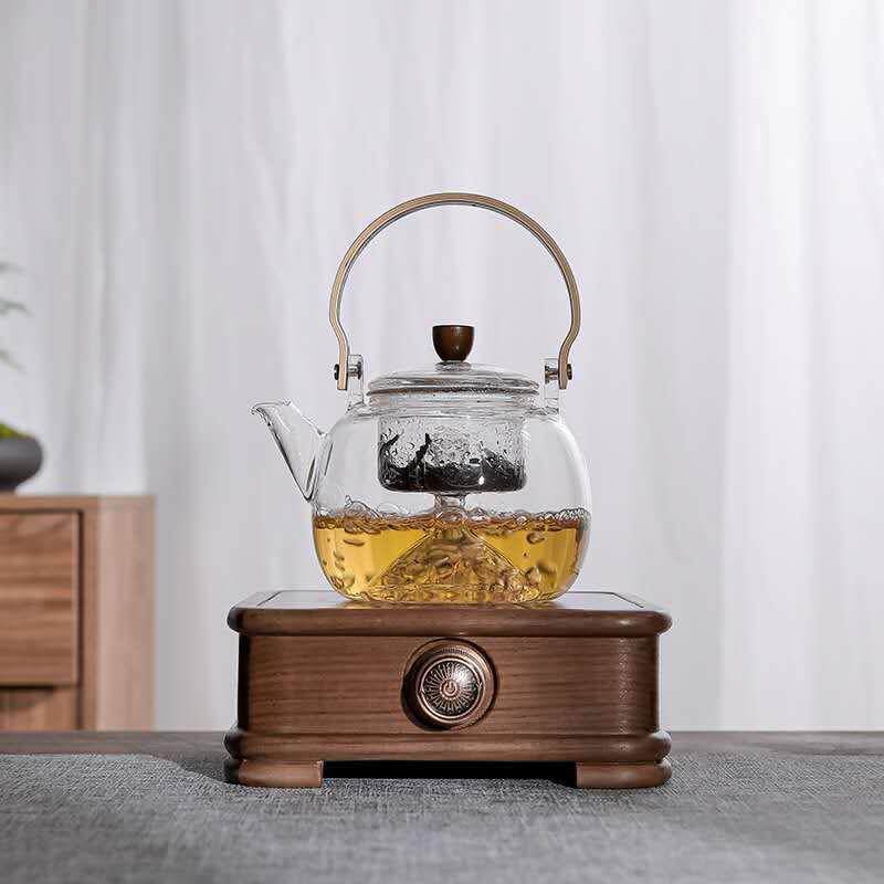 翊博实木电陶炉茶炉黑胡桃静音家用大煮茶器玻璃铁壶铜银壶茶具