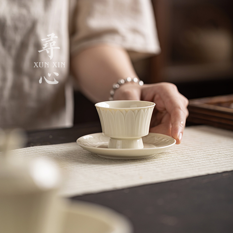 寻心定窑莲瓣杯垫茶道中式复古禅意陶瓷功夫茶杯隔热垫茶具零配件