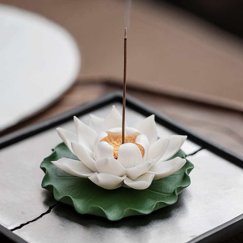 茶宠手捏陶瓷花摆件荷花白莲花睡莲禅意香插香道线香插香座