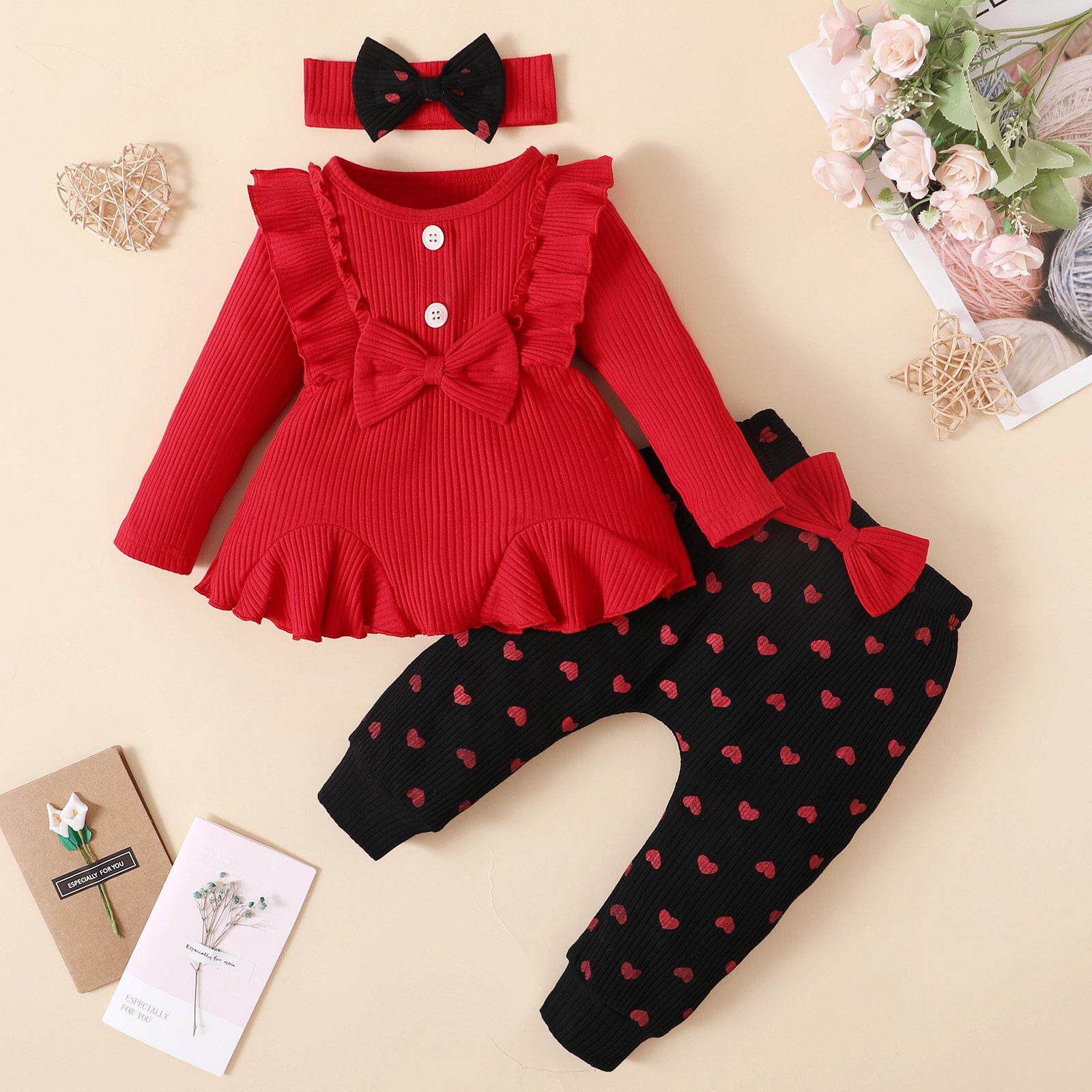 3Pcs Toddler Baby Girl Clothes Sets Bowknot Red Top Love Pri