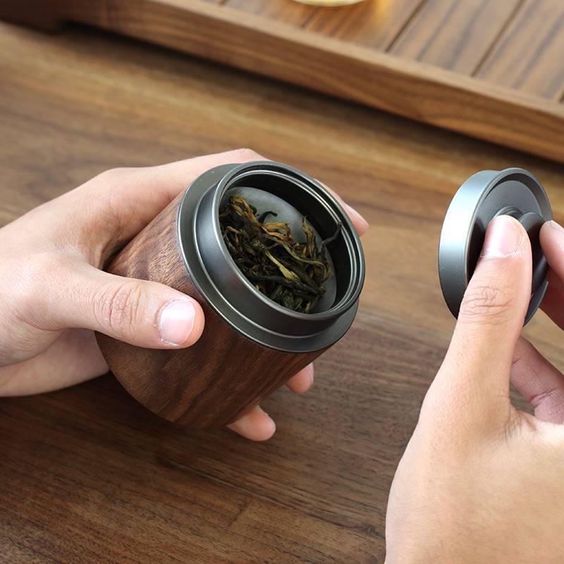 7l8k中式铝合金 茶迷你小盖新 木密仓 茶叶罐黑胡桃