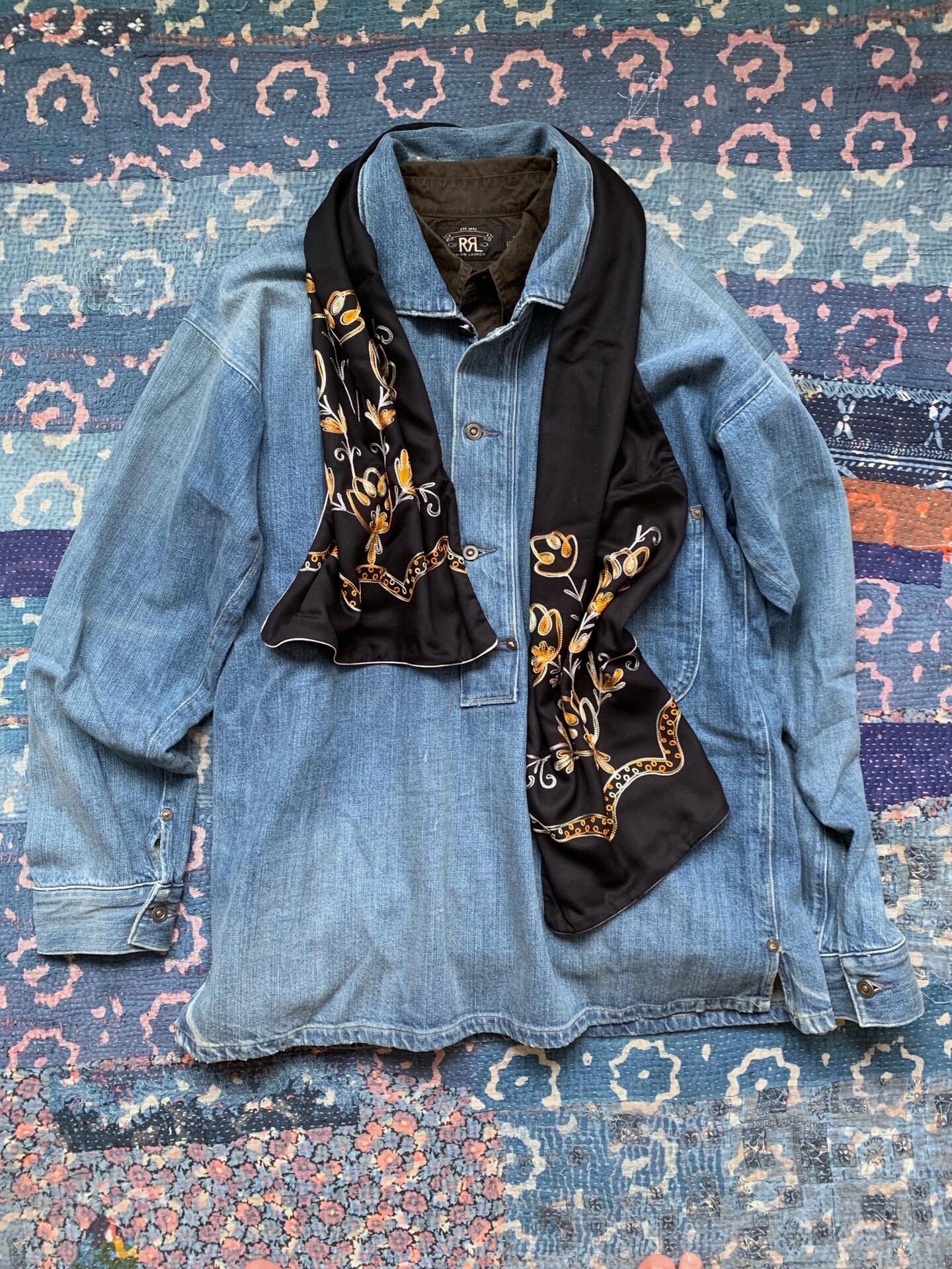 RRL Waxed Washed Distressed Denim Shirt