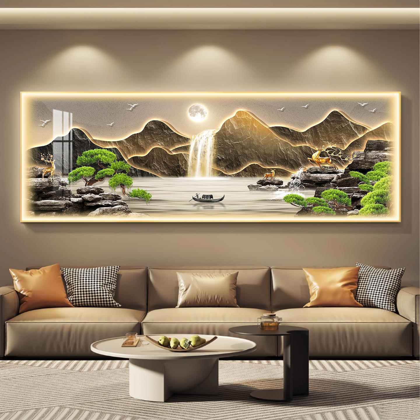 流水生财led灯轻奢客厅装饰画沙发背景墙西墙挂画整幅壁画高级感