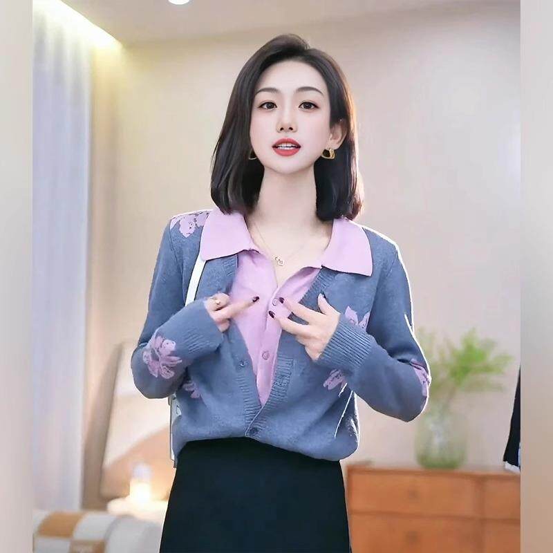 秋冬百搭女针织衫时髦提花撞色假两件针织开衫款装韩系气质1018k