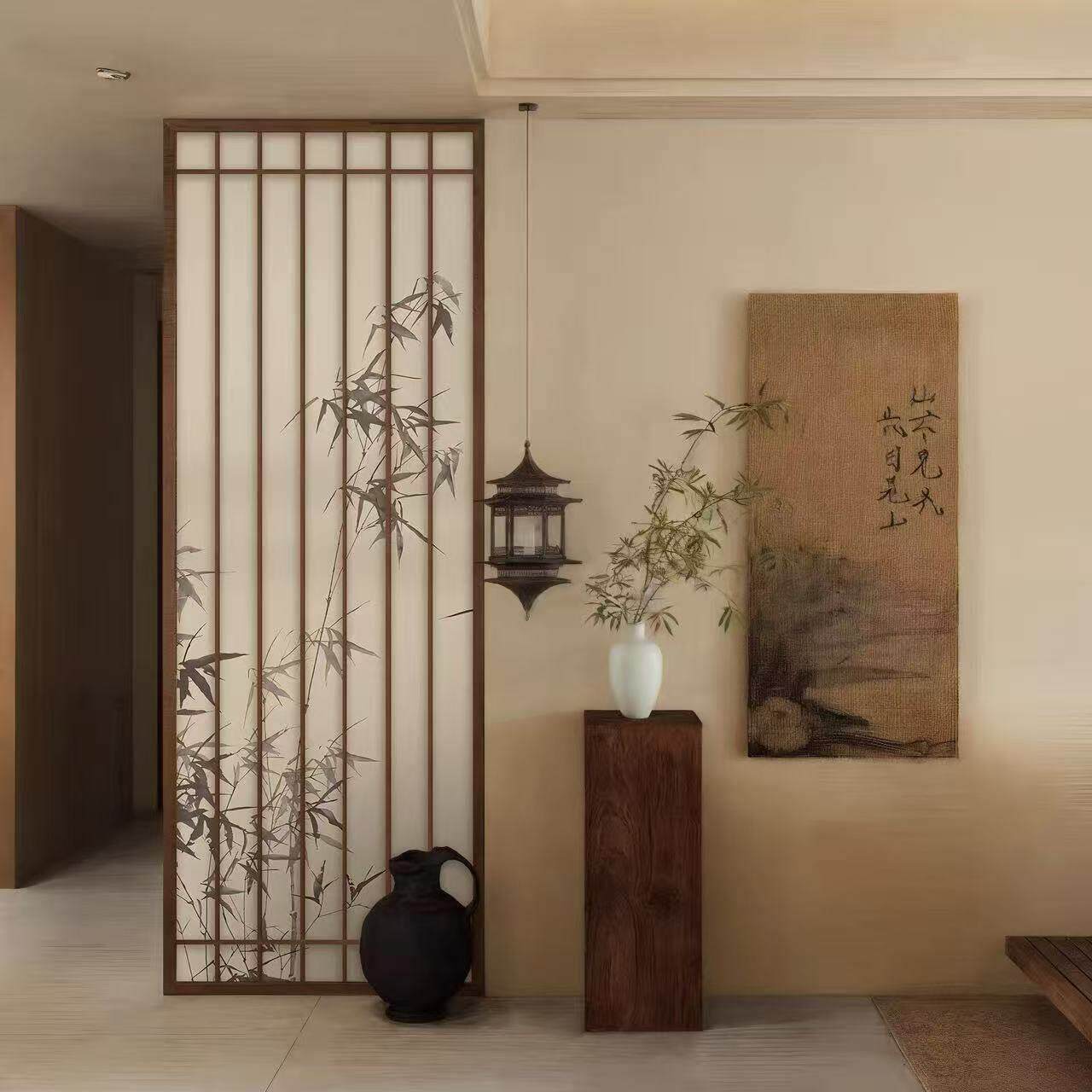 宋式美学屏风隔断餐厅玄关入过道茶室实木座屏新中式复古竹影格栅