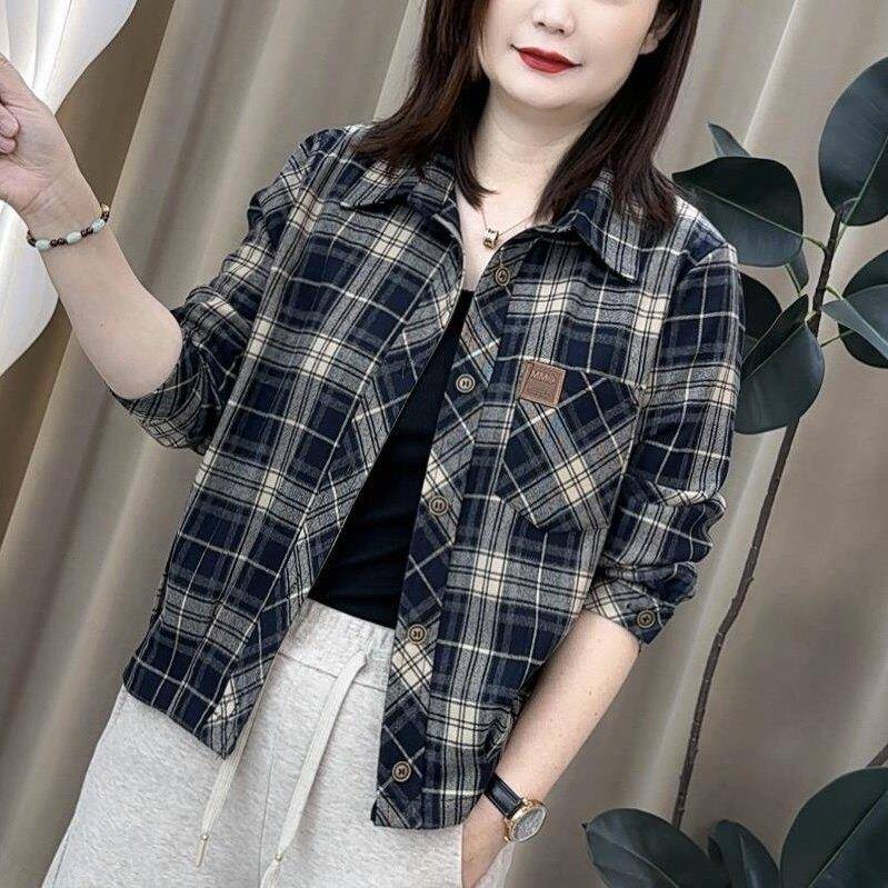 极速2026新款中老年女装妈妈春装外套短款春秋时尚洋气格子衬衫上