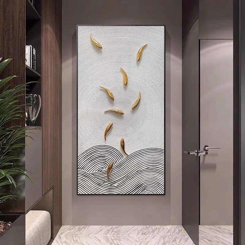 手绘油画轻奢风玄关装饰画竖版走廊壁画大幅九鱼图客厅装饰画挂画