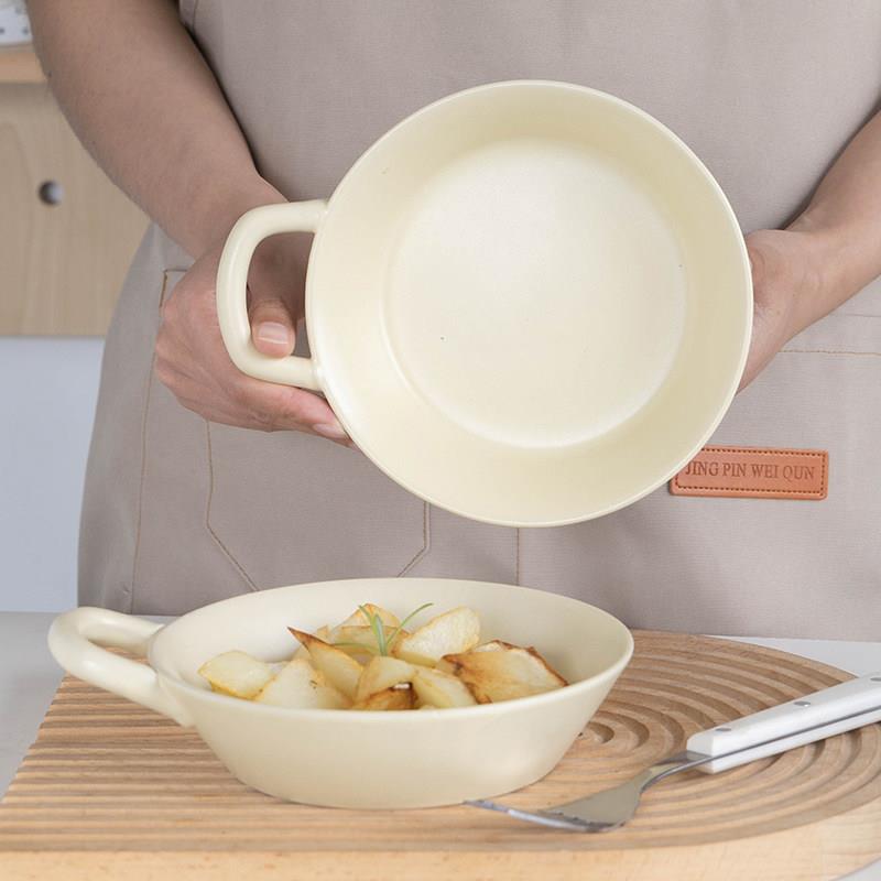 ins餐具可爱米色小众单耳平底碗陶瓷碗意面炸鸡盘拌饭拉面碗 微瑕
