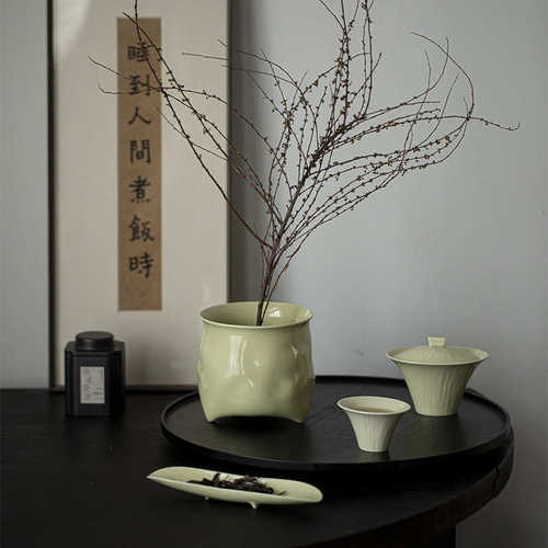 墨己彷宋绿釉箩筐废水缸功夫茶具陶瓷大号建水茶席陶瓷茶渣缸水盂