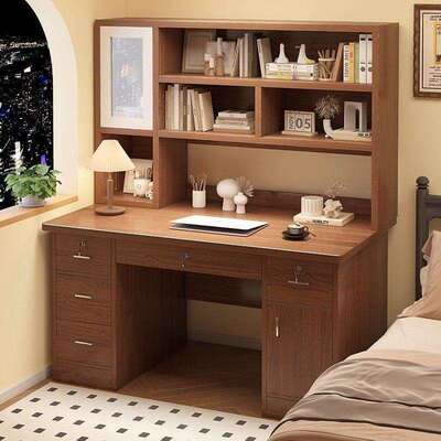 书桌书架一体家用电带脑桌生台式简RVL约办公椅卧室学书柜写桌字