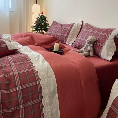 a复古美式全棉双层四棉件套格子花边款2类0纱25圣XOJ诞节纯床上用
