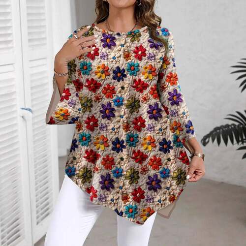 New Casual Plus Size Women's Floral Embossed Print Top All