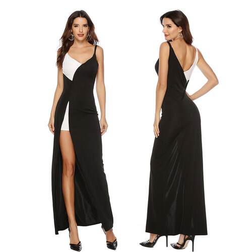 Black and white patchwork suspender slit dress