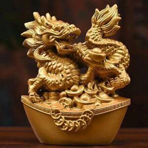 黄铜元宝金钱龙摆件黄铜祥龙青龙龙腾虎跃家居客厅玄关工艺装饰T