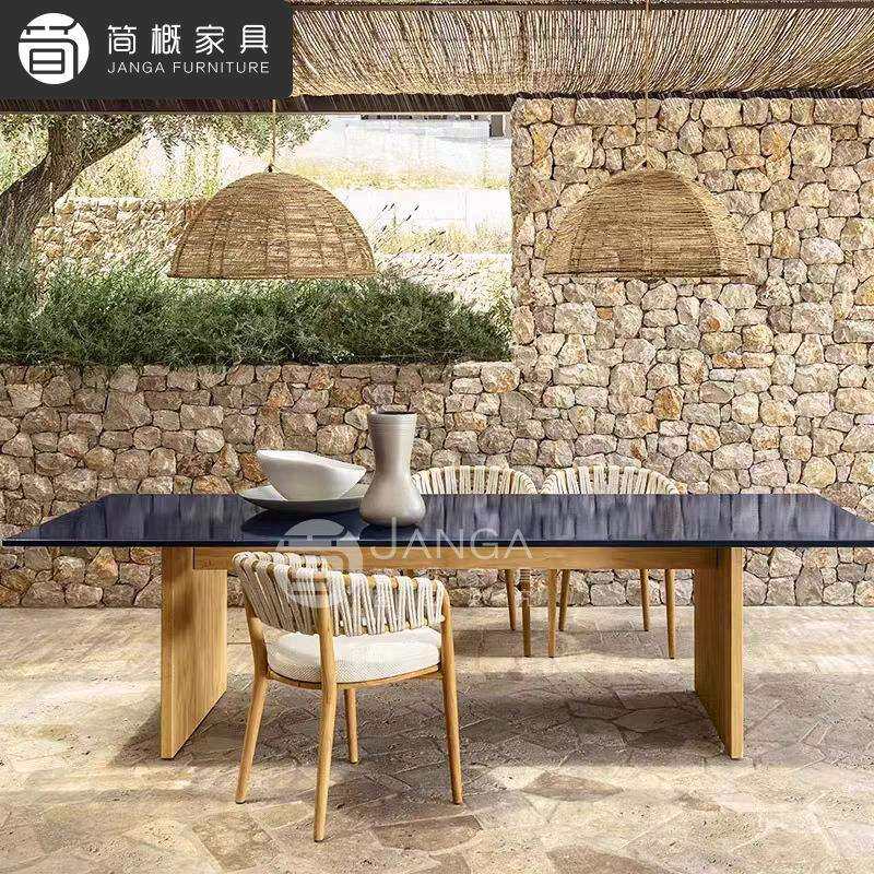 北欧户外别墅花园庭院桌椅高端实木餐桌藤椅休闲酒店民宿柚木家具