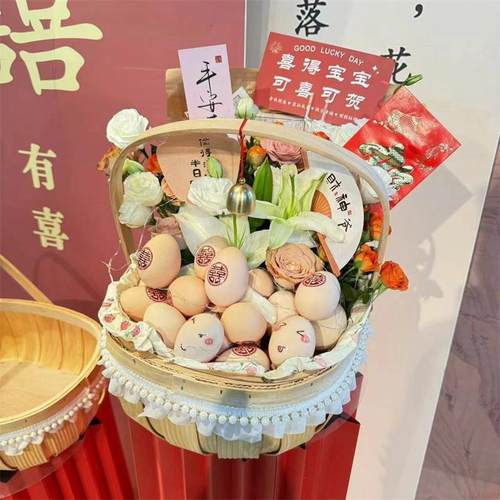 月子鸡蛋花篮节日插花手提鲜花篮水果礼品木片编织收纳篮月子礼篮