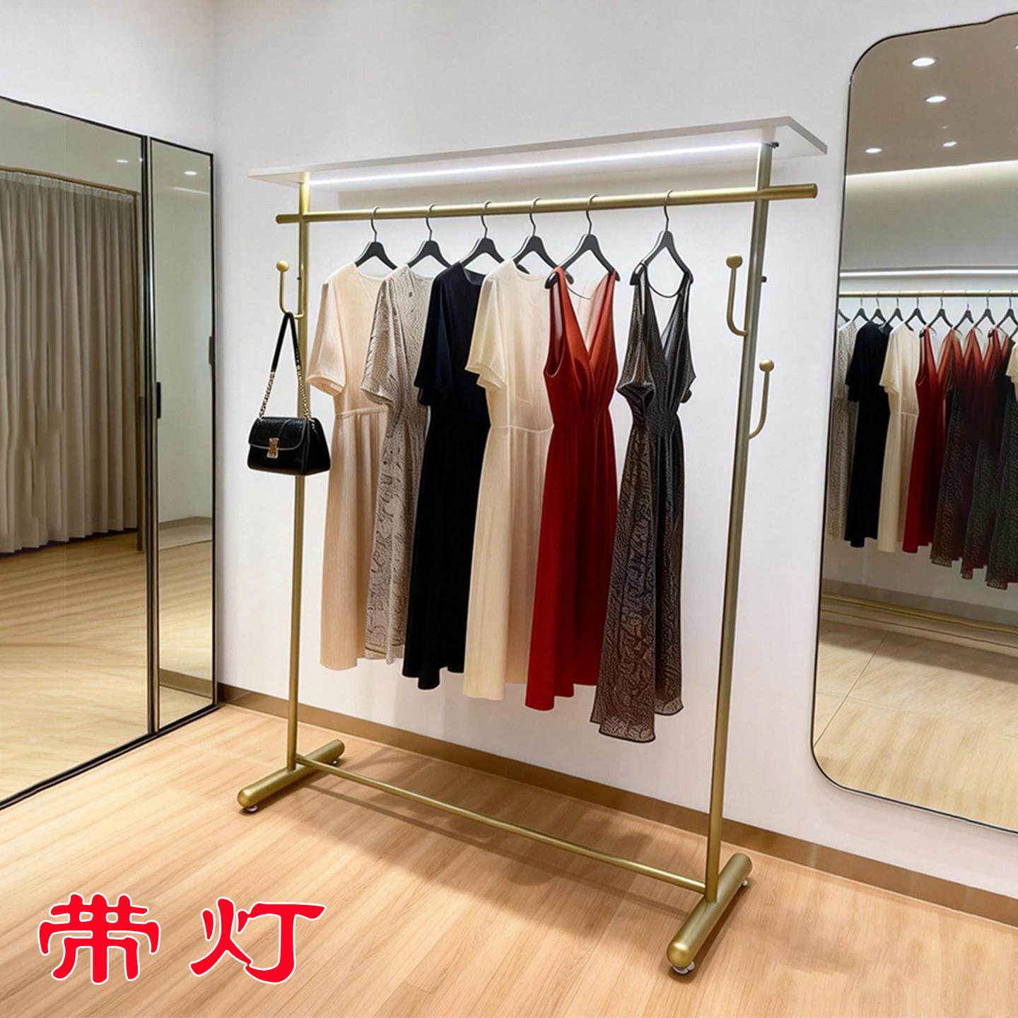 金色女装侧挂服装店展示架落地式带灯带板挂衣帽现代简约陈列货架