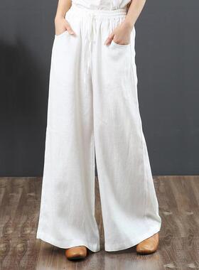 High-rise linen wide-leg pants女士宽松大码高腰垂感棉麻阔腿裤