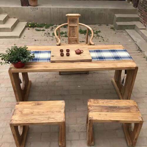 老榆木茶桌门板风化榆木餐桌家具复古怀旧长方形桌子凳子组合