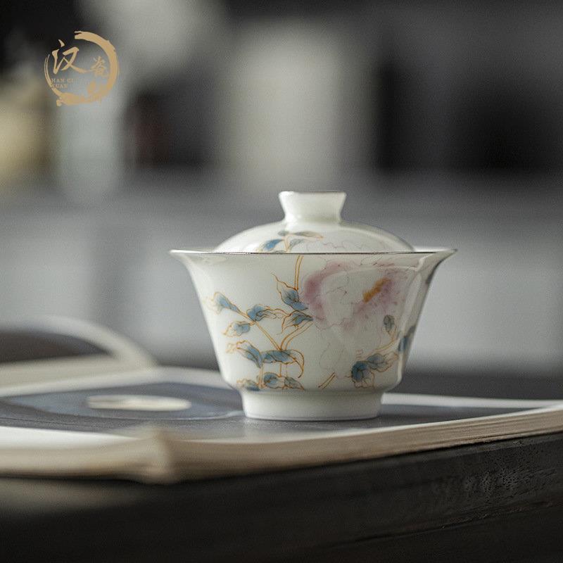 手工玉瓷盖碗青花手绘釉下彩描白金边白瓷茶具泡茶金线莲高歌茶碗