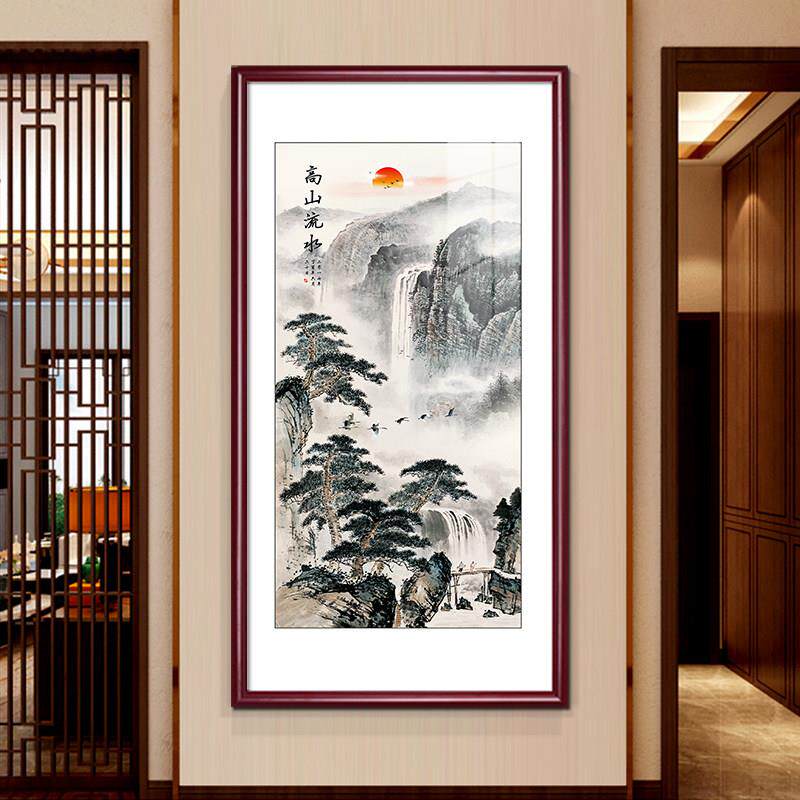 迎客松国画 画入户玄关画 画新中式客厅装饰画 画竖版山水画 画走