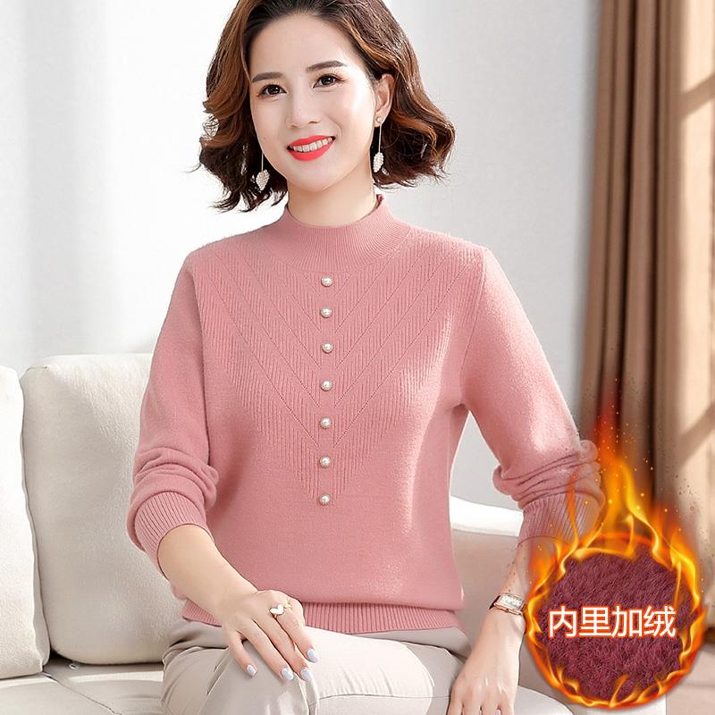 妈妈秋冬装加厚毛衣40岁50中年女装一体加绒毛衣中老年保暖上衣服
