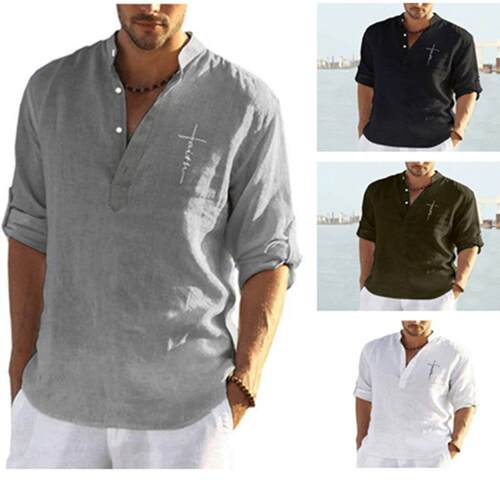 Men's polyester long sleeved shirt stand collar shirt