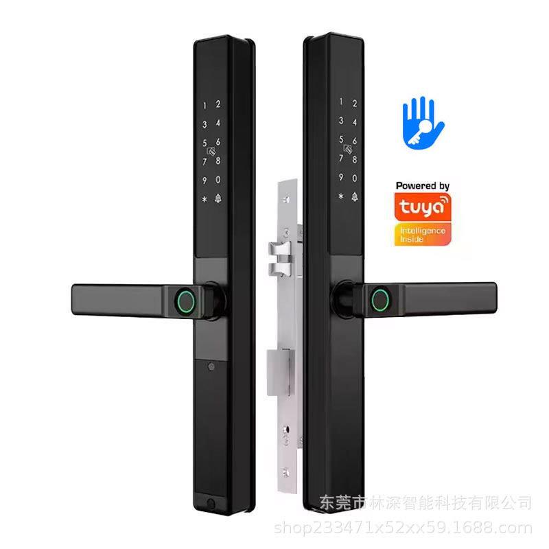 双面指纹防水断桥铝通通涂鸦指纹锁室外玻璃平移门铝合金门智能锁