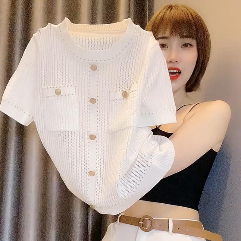 冰丝针织衫女夏季新款欧货休闲透气防晒上衣轻薄小香风短袖t恤潮