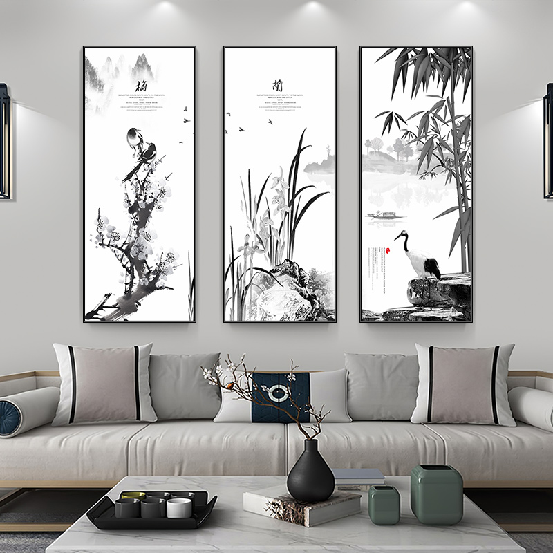 新中式客厅装饰画沙发背景墙三联梅兰竹水墨挂画书房茶室风景壁画