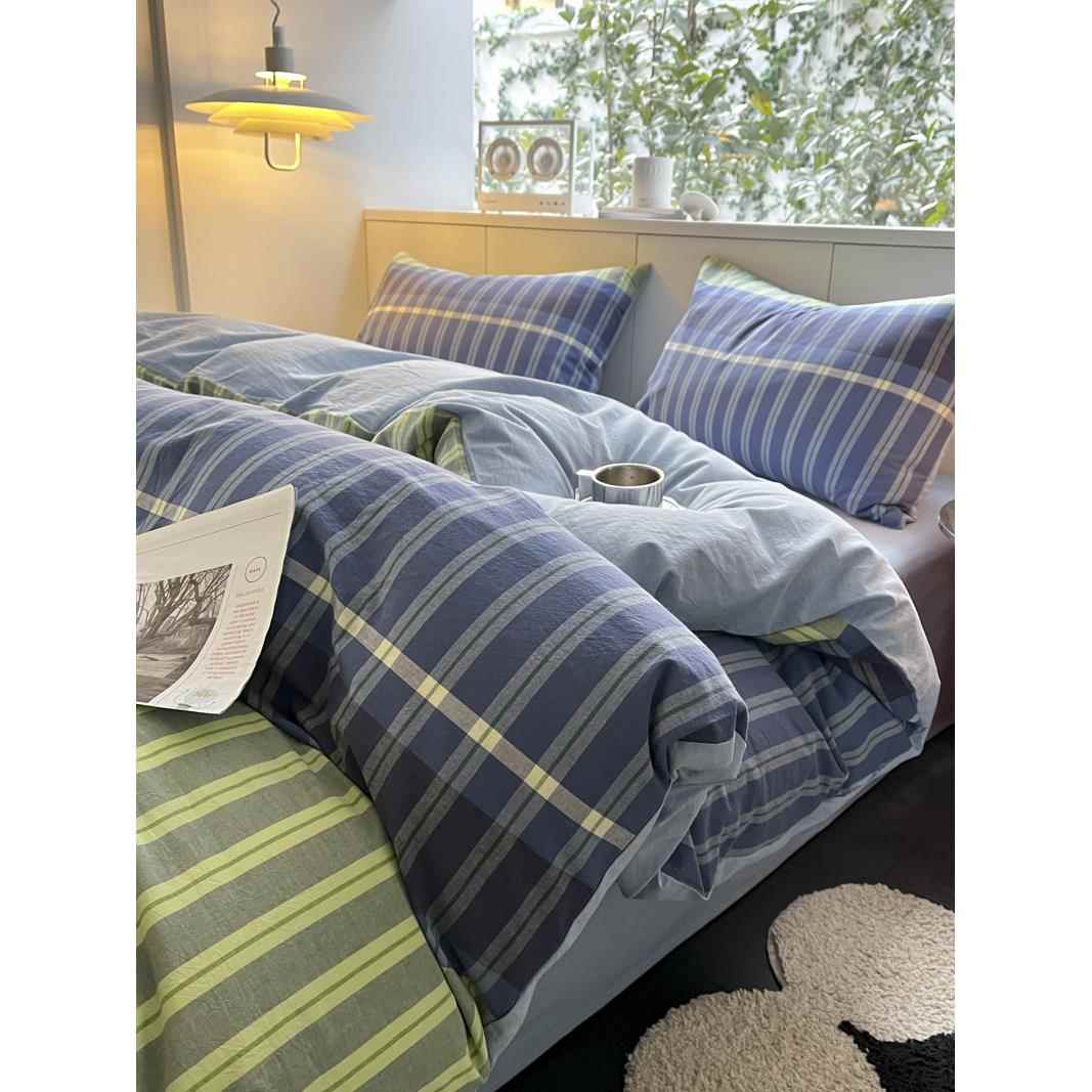 高档新日格纹网红洗纯棉舍四件套1.8棉被套床床单本单张水学生宿