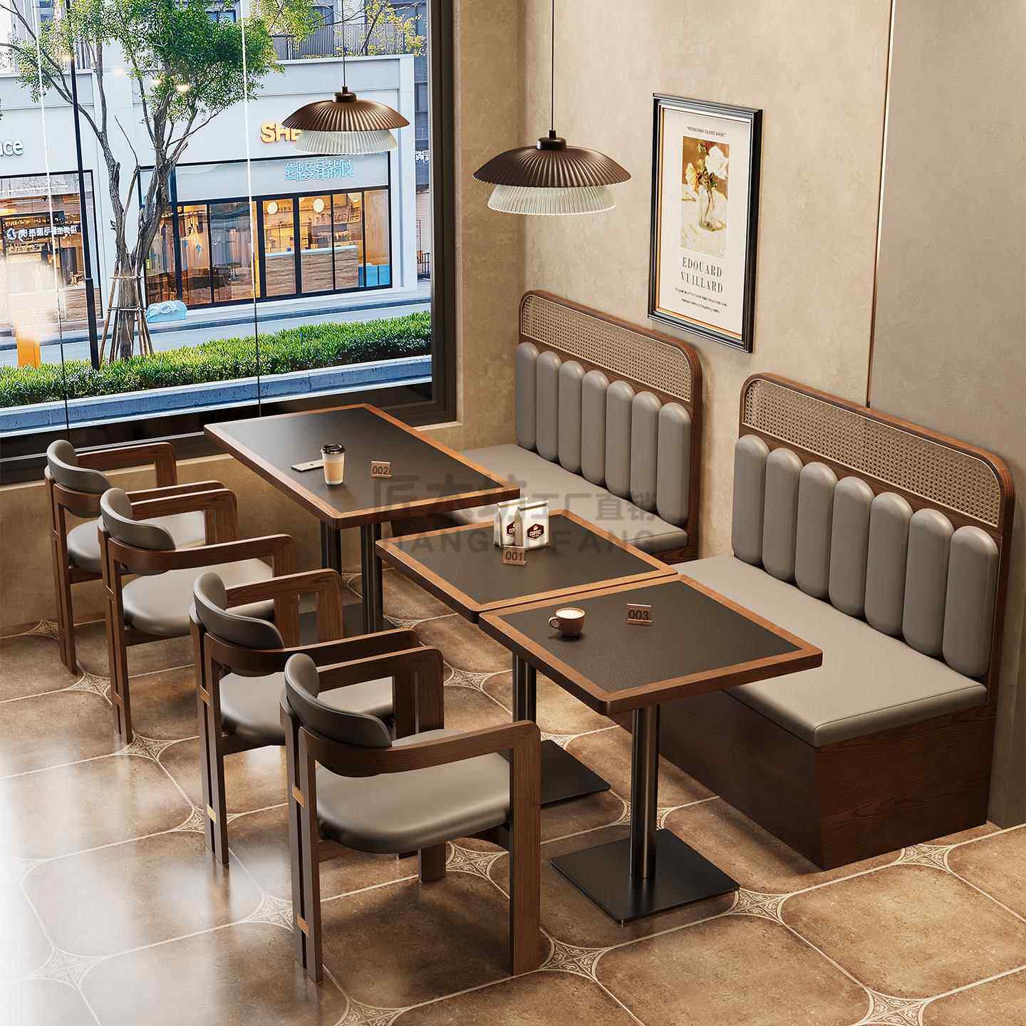餐厅卡座桌椅组合复古咖啡厅奶茶甜品烘焙餐饮店靠墙储物沙发餐椅