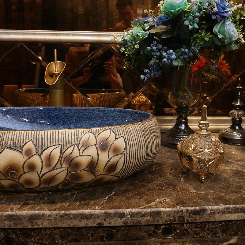 欧式艺术盆台上盆覆古陶瓷洗脸盆单盆椭圆形卫生间洗漱面盆家用