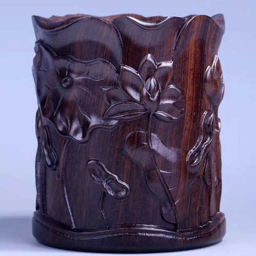 黑檀荷花笔筒 荷塘月色出淤泥而不染配饰笔筒 办公家居礼品摆件