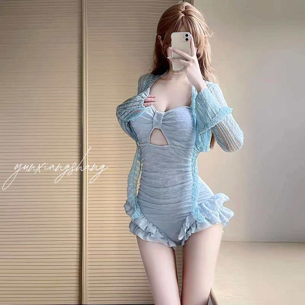 泳衣女2024新款甜美少女罩衫连体两件套显瘦高级感海边度假泡温泉