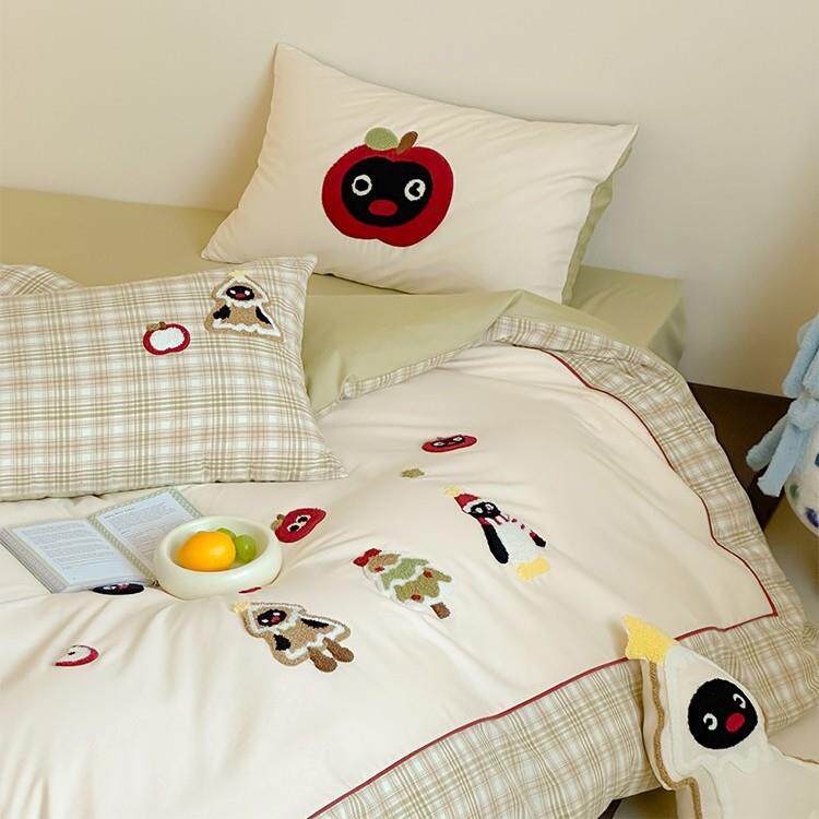 小清新长绒棉磨毛四件套秋冬季可爱毛巾绣加厚被套床品绿红色1.2