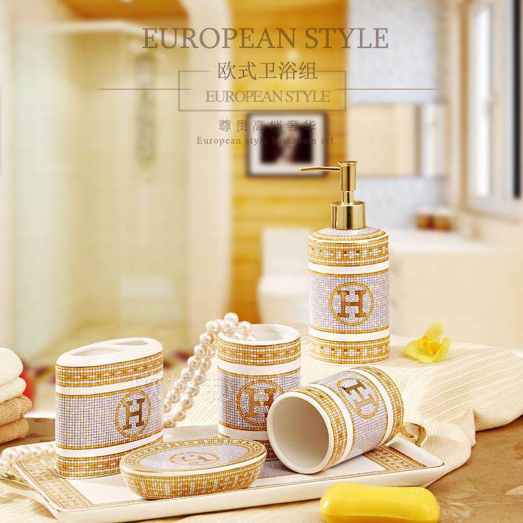 跨境陶瓷欧式卫浴五件套洗漱套装浴室用品洗漱漱口杯套装 韩式H标