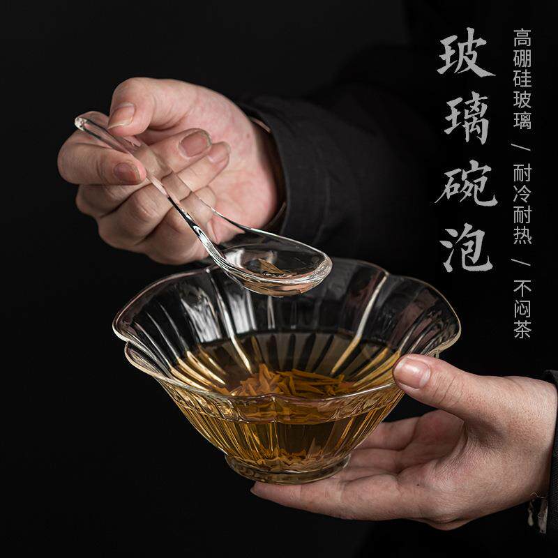 仿宋花瓣泡茶碗高硼硅耐热玻璃中式手工吹制点茶碗甜品汤碗带勺