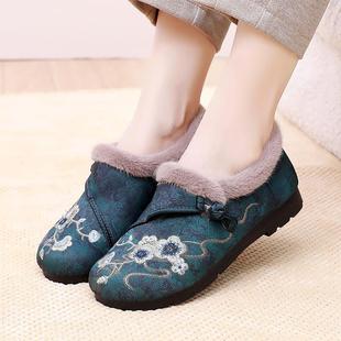 新款老北京棉鞋女软加绒厚妈妈加鞋民风绣花棉族鞋底防滑中老年女