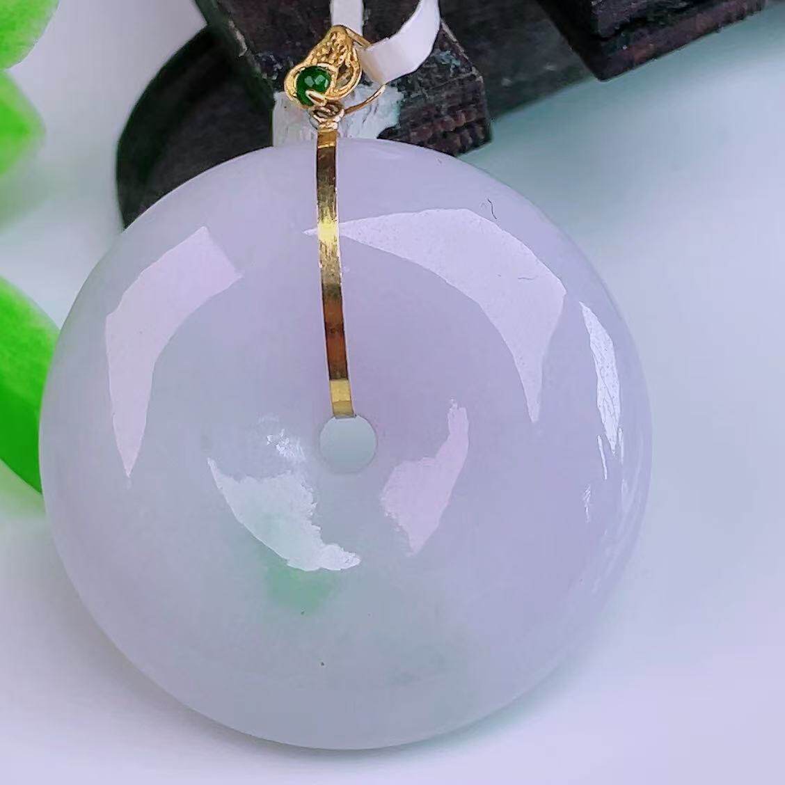 缅甸天然真品翡翠18k金扣头冰紫罗兰春彩飘绿闪拍平安扣玉石吊坠